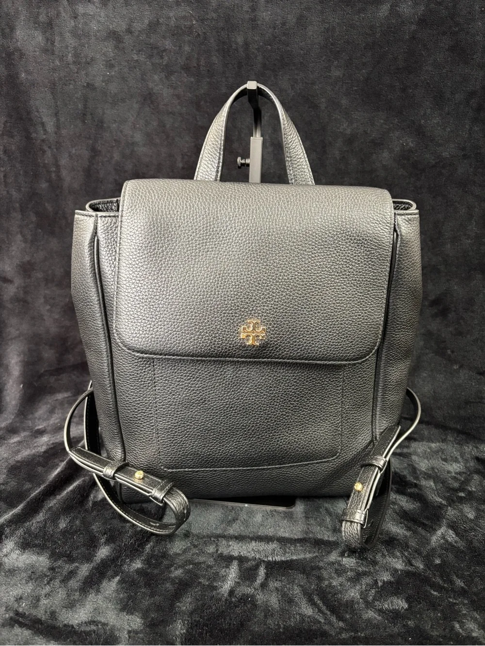 Tory Burch Black Pebbled Leather Flap Backpack Like New